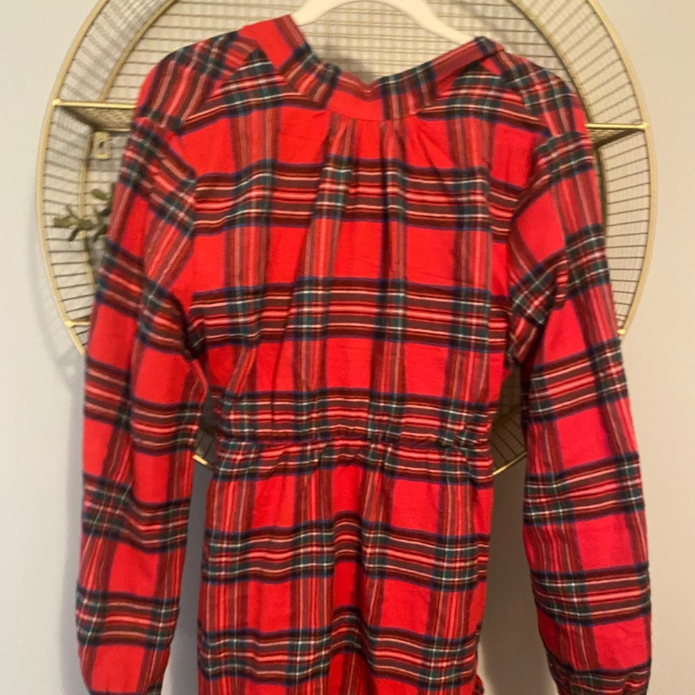 High Neck super cute flannel like plaid dress with ruffle bottom and tie back